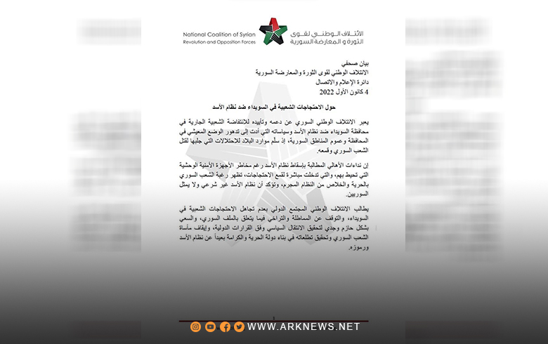A press release from the Coalition on the popular protests in As-Suwaidaa against the Assad regime