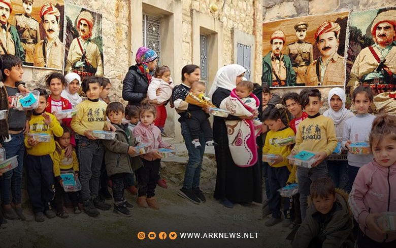 Earthquake-affected people in Rajo villages in Afrin receive aid from the Barzani Charity Foundation