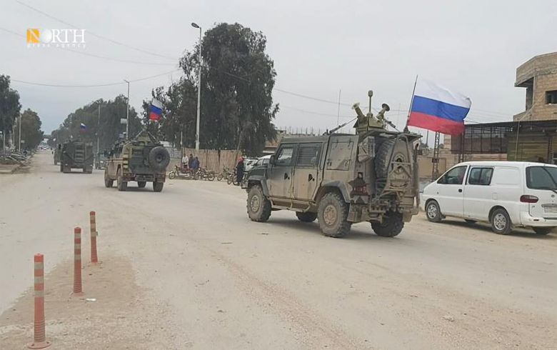 A Russian patrol explores points targeted by the armed opposition in Tal Tamr countryside