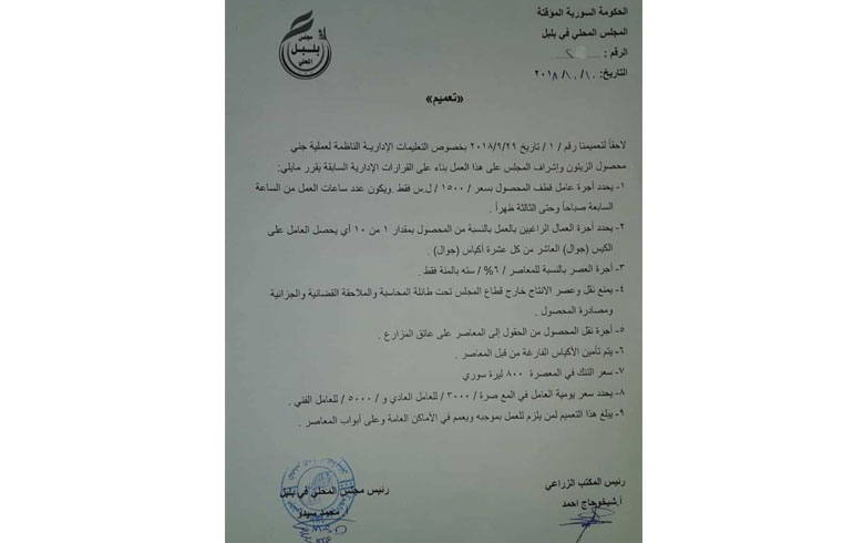 مجلس بلبلى في عفرين  : 6/100 أجرة معاصر الناحية 
