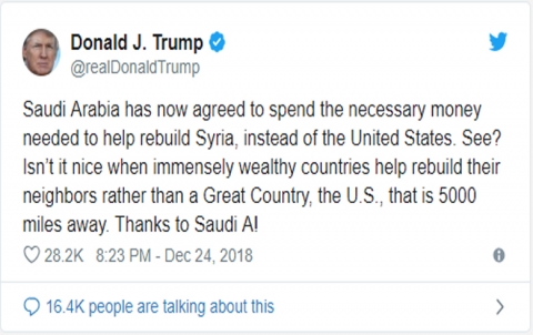ترامب: السعودية ثرية للغاية .. ستساهم في إعمار سوريا بدلاً من أمريكا
